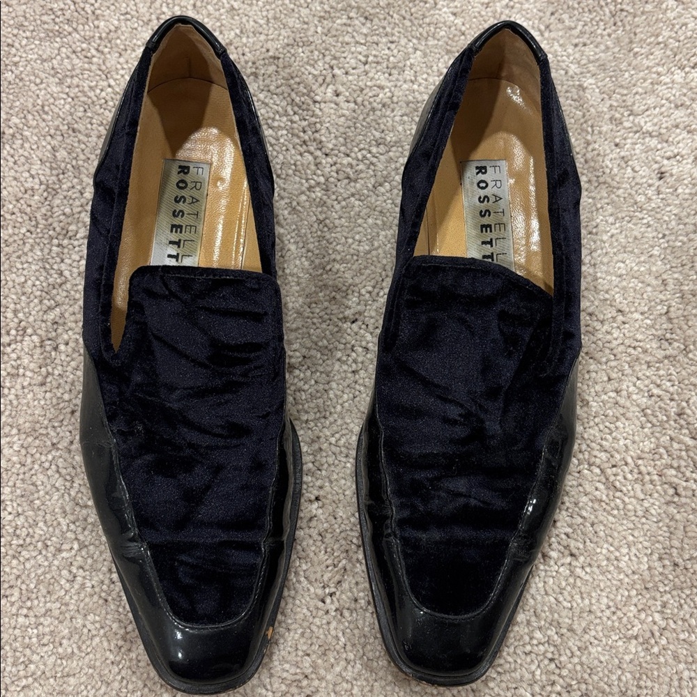 Vintage Fratelli Rossetti Black Velvet & patent slip on dress Loafer 7 1/2